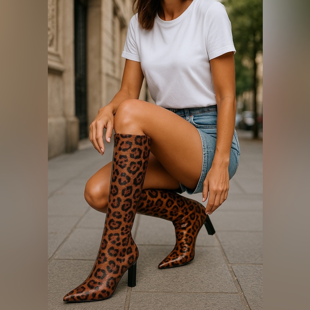Brand New Charles by Charles David Dalton Camel Leopard Print Stretch Boots